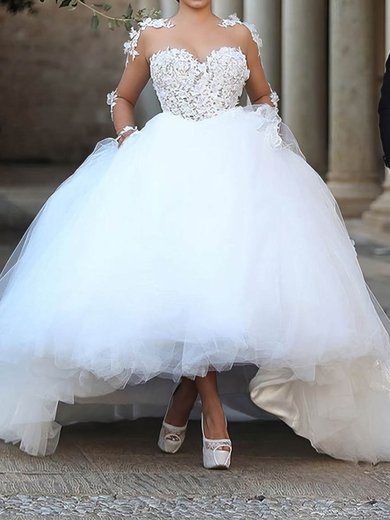 Ball Gown Illusion Tulle Cathedral Train Wedding Dresses With Appliques Lace #Milly00022594