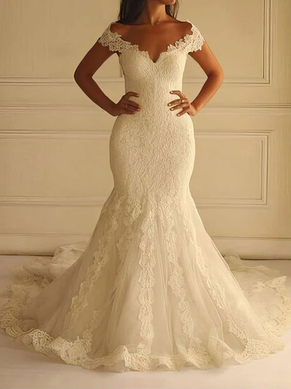 Trumpet/Mermaid Off-the-shoulder Lace Tulle Court Train Wedding Dresses With Appliques Lace #Milly00022596