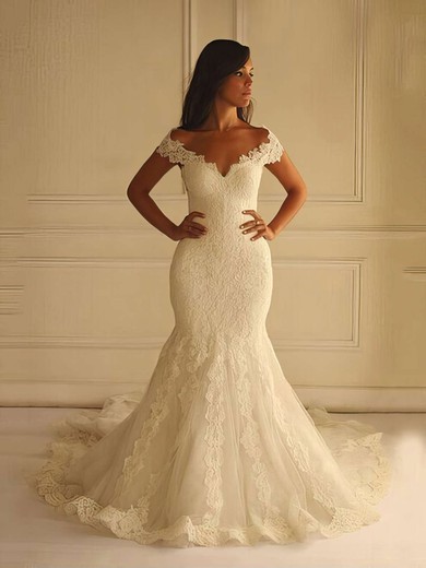Trumpet/Mermaid Off-the-shoulder Lace Tulle Court Train Wedding Dresses With Appliques Lace #Milly00022596