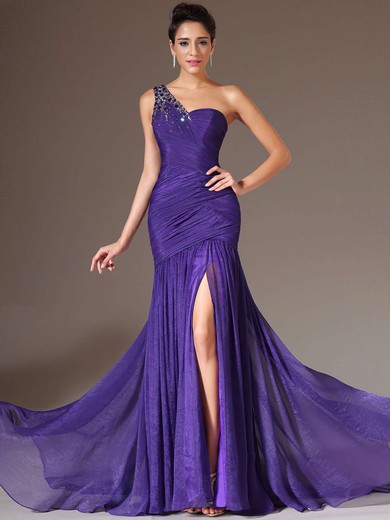 Trumpet/Mermaid One Shoulder Chiffon Sweep Train Beading Prom Dresses #Milly020101289