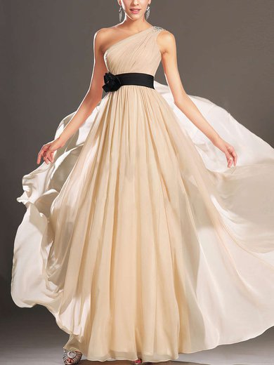 One Shoulder A-line Champagne Chiffon Sashes / Ribbons Modest Prom Dress #Milly020102027