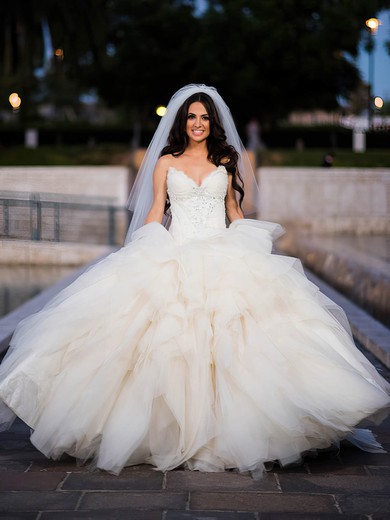 Ball Gown V-neck Tulle Sweep Train Beading Glamorous Wedding Dresses #Milly00022601