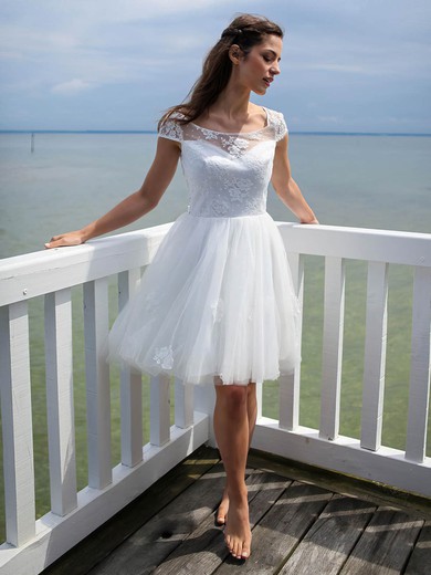 Cute A-line Scoop Neck Tulle Short/Mini Appliques Lace Open Back Wedding Dresses #Milly00022606