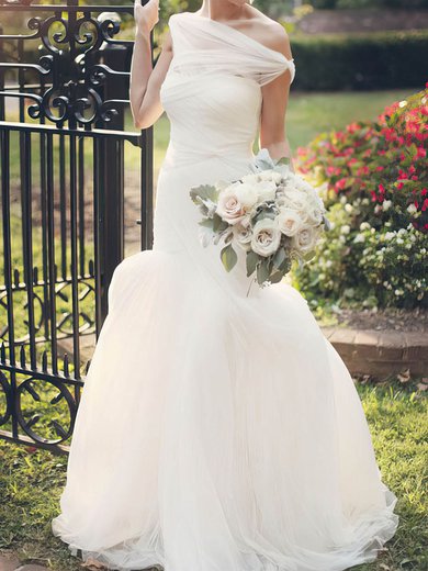 Trumpet/Mermaid One Shoulder Tulle Sweep Train Wedding Dresses With Ruffles #Milly00022607