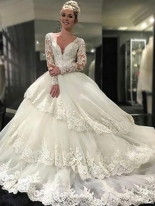 Amazing Open Back Ball Gown V-neck Tulle Cathedral Train Appliques Lace Long Sleeve Wedding Dresses #Milly00022610