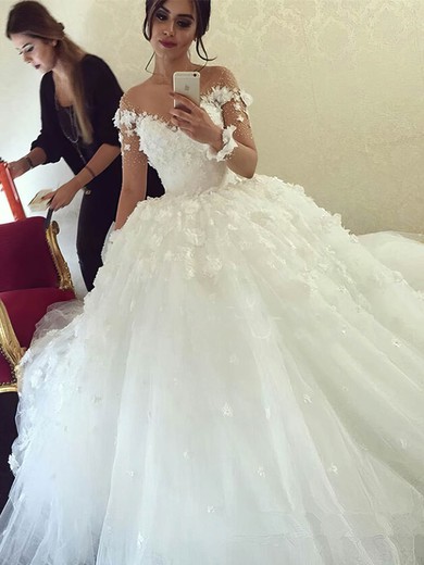Famous Ball Gown Scoop Neck Tulle Sweep Train Beading Long Sleeve Wedding Dresses #Milly00022611