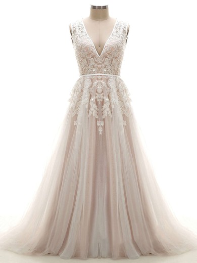 Ball Gown V-neck Tulle Court Train Wedding Dresses With Appliques Lace #Milly00022624