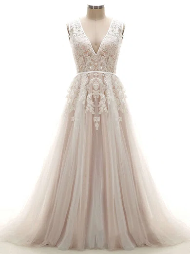 Ball Gown/Princess V-neck Tulle Court Train Wedding Dresses With Appliques Lace #Milly00022624