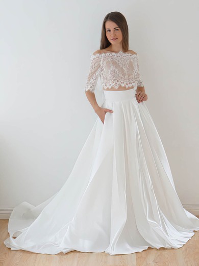 Two Piece A-line Off-the-shoulder Lace Taffeta Court Train Appliques Lace 1/2 Sleeve Unique Wedding Dresses #Milly00022626