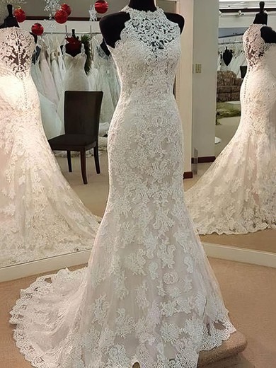 Trumpet/Mermaid High Neck Tulle Sweep Train Appliques Lace Boutique Wedding Dresses #Milly00022628