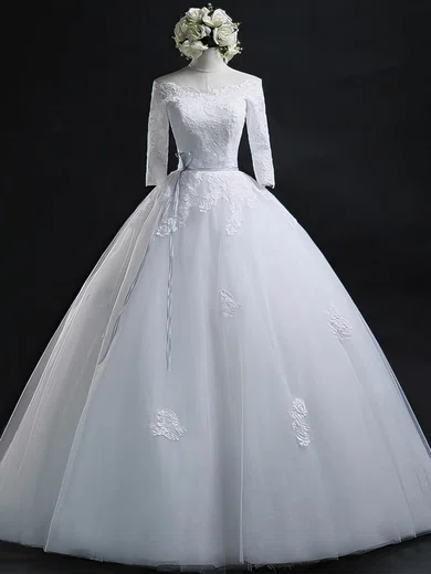 Ball Gown/Princess Off-the-shoulder Tulle Floor-length Wedding Dresses With Appliques Lace #Milly00022630