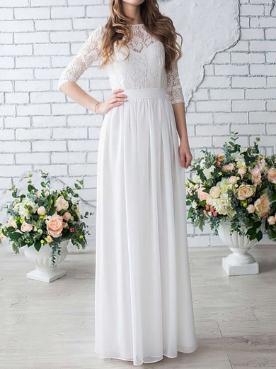 A-line Illusion Chiffon Floor-length Wedding Dresses With Lace #Milly00022633