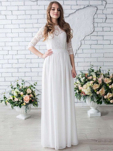 A-line Illusion Chiffon Floor-length Wedding Dresses With Lace #Milly00022633