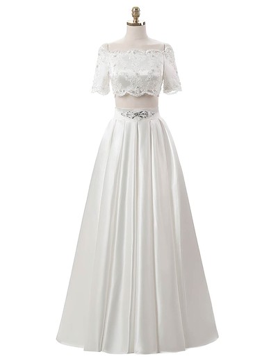 Two Piece A-line Off-the-shoulder Satin Floor-length Beading Short Sleeve Custom Wedding Dresses #Milly00022634