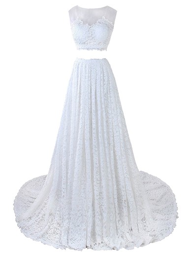 Promotion A-line Scoop Neck Lace Tulle Court Train Appliques Lace Two Piece Wedding Dresses #Milly00022635