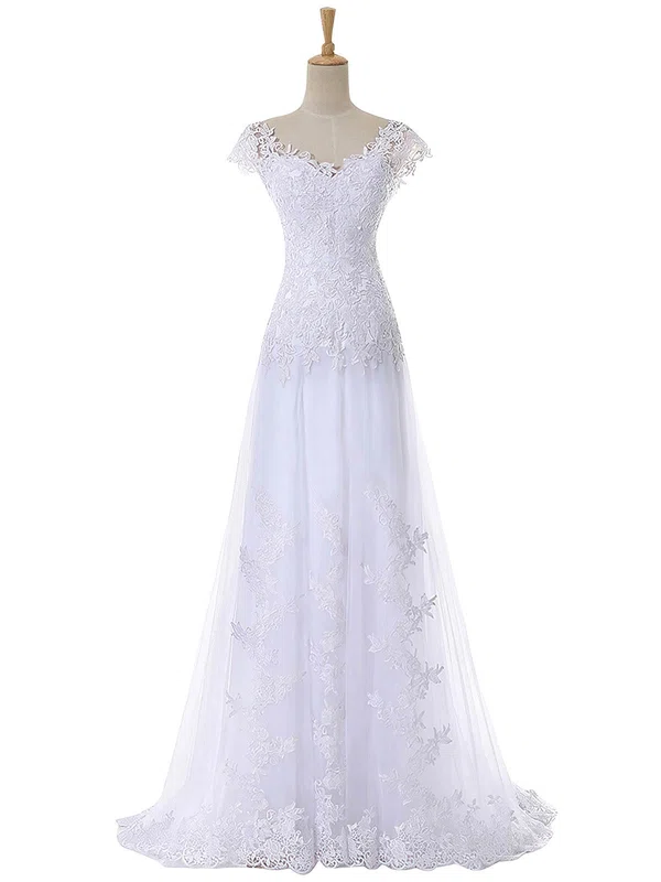 A-line V-neck Tulle Sweep Train Wedding Dresses With Appliques Lace #Milly00022641