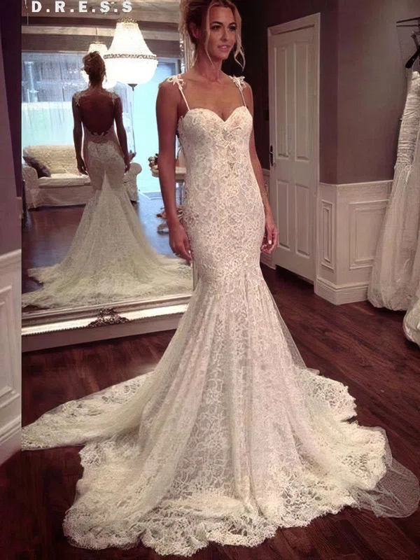 Trumpet/Mermaid Sweetheart Lace Watteau Train Wedding Dresses With Appliques Lace #Milly00022647