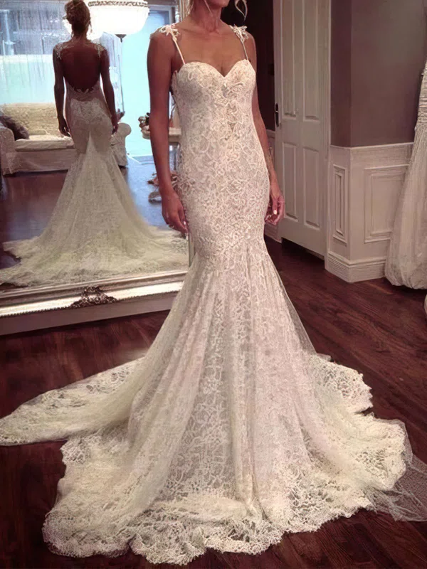 Trumpet/Mermaid Sweetheart Lace Watteau Train Wedding Dresses With Appliques Lace #Milly00022647