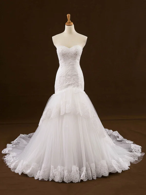 Trumpet/Mermaid Sweetheart Tulle Court Train Wedding Dresses With Appliques Lace #Milly00022648
