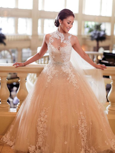 Ball Gown High Neck Tulle Sweep Train Appliques Lace Glamorous Wedding Dresses #Milly00022650