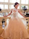 Ball Gown High Neck Tulle Sweep Train Wedding Dresses With Appliques Lace #Milly00022650