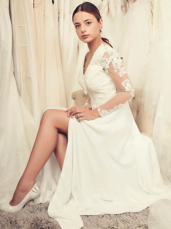 A-line V-neck Tulle Chiffon Floor-length Appliques Lace Backless Long Sleeve Wedding Dresses #Milly00022652