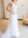 Sheath/Column V-neck Tulle Sweep Train Wedding Dresses With Appliques Lace #Milly00022654