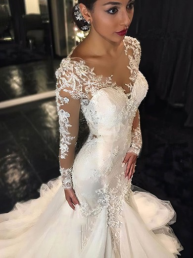 Sexy Trumpet/Mermaid Scoop Neck Tulle Court Train Appliques Lace Long Sleeve Wedding Dresses #Milly00022656