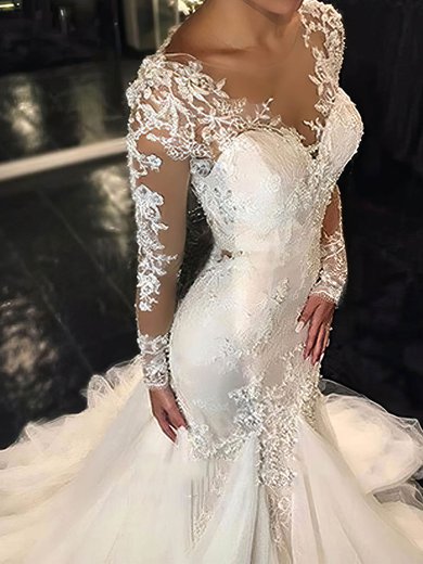 Trumpet/Mermaid Illusion Tulle Court Train Wedding Dresses With Appliques Lace #Milly00022656