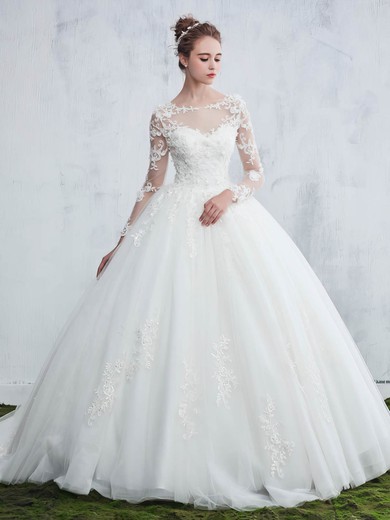 Ball Gown Scoop Neck Tulle Sweep Train Appliques Lace Long Sleeve Beautiful Wedding Dresses #Milly00022657