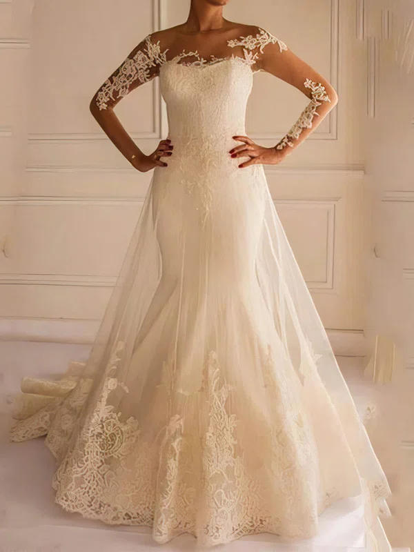 Trumpet/Mermaid Illusion Tulle Court Train Wedding Dresses With Appliques Lace #Milly00022658