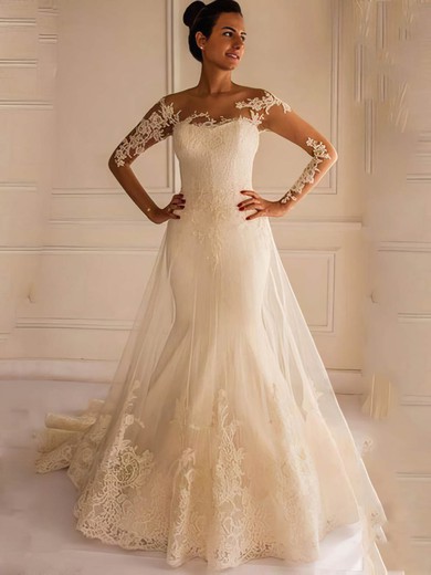 Elegant Trumpet/Mermaid Scoop Neck Tulle Court Train Appliques Lace Long Sleeve Backless Wedding Dresses #Milly00022658