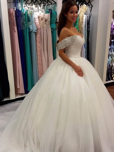 Ball Gown Off-the-shoulder Tulle Cathedral Train Beading Glamorous Wedding Dresses #Milly00022659