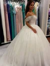 Ball Gown Off-the-shoulder Tulle Cathedral Train Wedding Dresses With Beading #Milly00022659