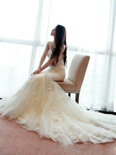 Trumpet/Mermaid Strapless Tulle Sweep Train Appliques Lace Fabulous Wedding Dresses #Milly00022660