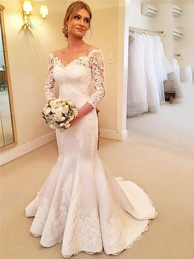 Modest Trumpet/Mermaid Off-the-shoulder Satin Tulle Sweep Train Appliques Lace 3/4 Sleeve Wedding Dresses #Milly00022661
