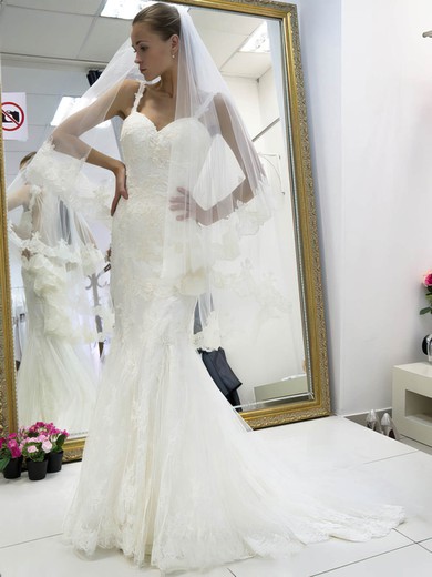 Trumpet/Mermaid Sweetheart Tulle Sweep Train Appliques Lace Backless Boutique Wedding Dresses #Milly00022662