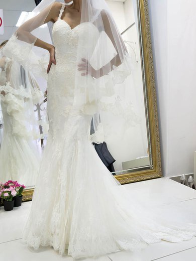 Trumpet/Mermaid Sweetheart Tulle Sweep Train Wedding Dresses With Appliques Lace #Milly00022662