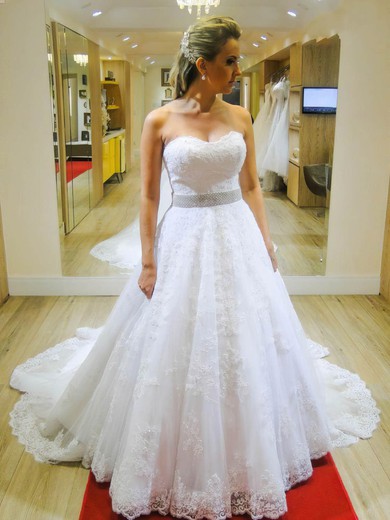 A-line Sweetheart Tulle Chapel Train Appliques Lace Graceful Wedding Dresses #Milly00022663