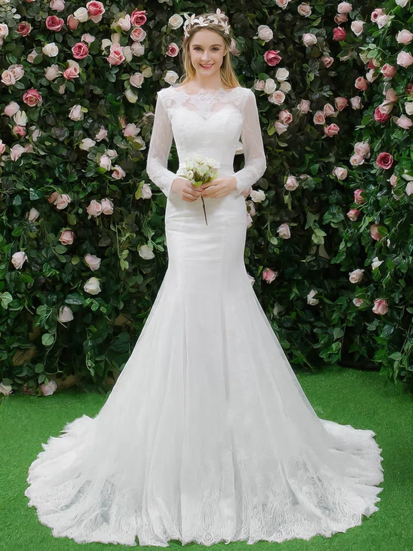 Trumpet/Mermaid Illusion Tulle Sweep Train Wedding Dresses With Appliques Lace #Milly00022664