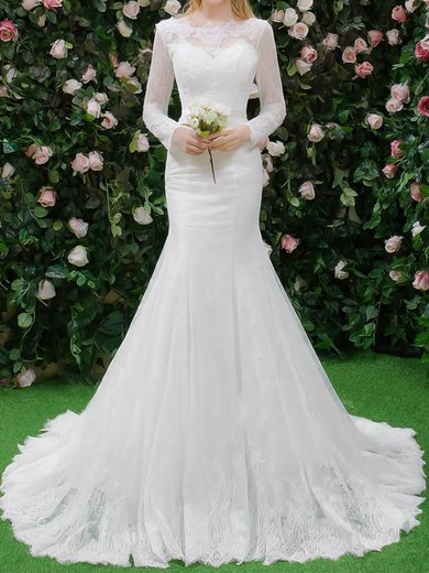 Trumpet/Mermaid Illusion Tulle Sweep Train Wedding Dresses With Appliques Lace #Milly00022664