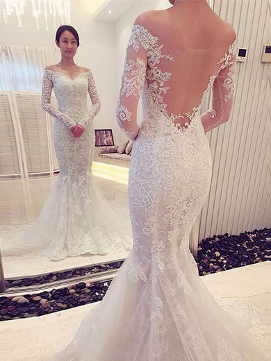 Famous Trumpet/Mermaid Off-the-shoulder Tulle Court Train Appliques Lace Long Sleeve Wedding Dresses #Milly00022666