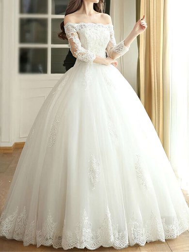 Ball Gown Off-the-shoulder Tulle Floor-length Wedding Dresses With Appliques Lace #Milly00022667