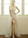 Modern A-line V-neck Tulle Floor-length Beading Backless Wedding Dresses #Milly00022668