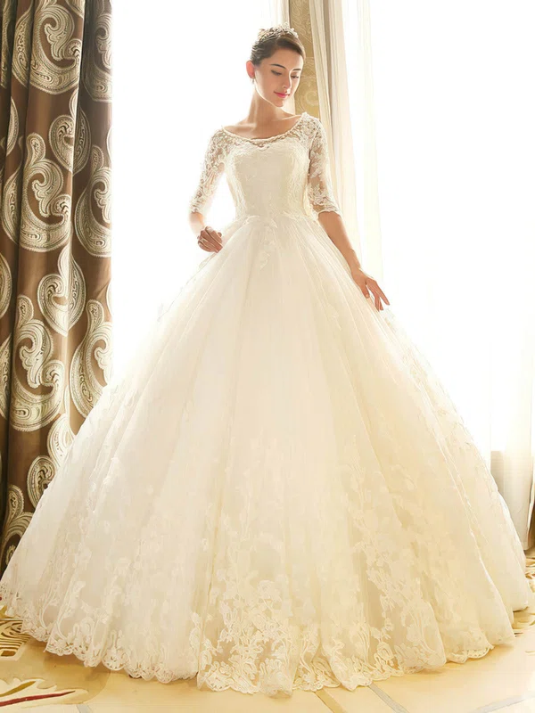 Ball Gown Illusion Tulle Chapel Train Wedding Dresses With Appliques Lace #Milly00022670