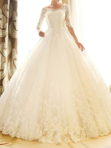 Ball Gown/Princess Illusion Tulle Chapel Train Wedding Dresses With Appliques Lace #Milly00022670