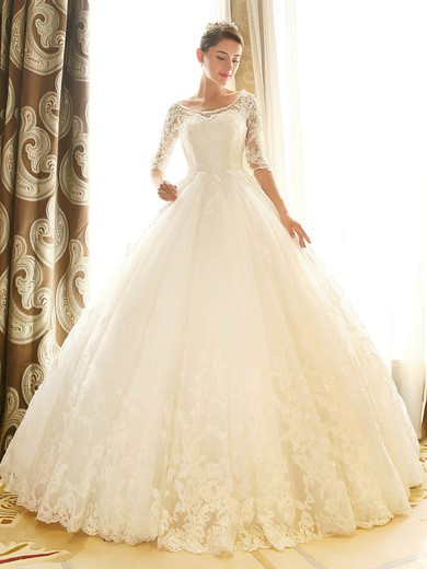 Popular Ball Gown Scoop Neck Tulle Chapel Train Appliques Lace 1/2 Sleeve Backless Wedding Dresses #Milly00022670