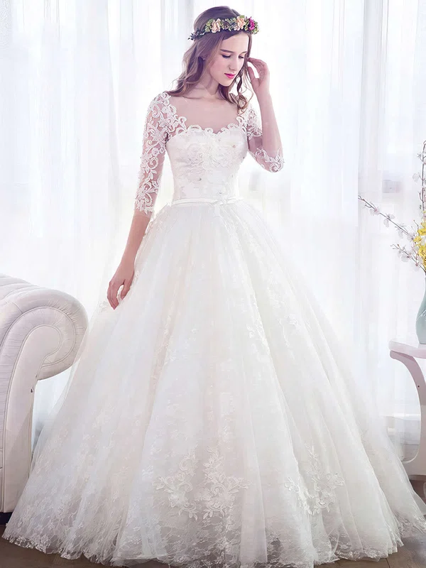 Ball Gown Illusion Tulle Floor-length Wedding Dresses With Appliques Lace #Milly00022671
