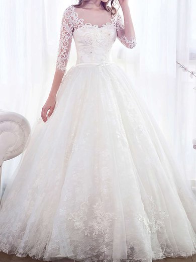 Ball Gown Illusion Tulle Floor-length Wedding Dresses With Appliques Lace #Milly00022671