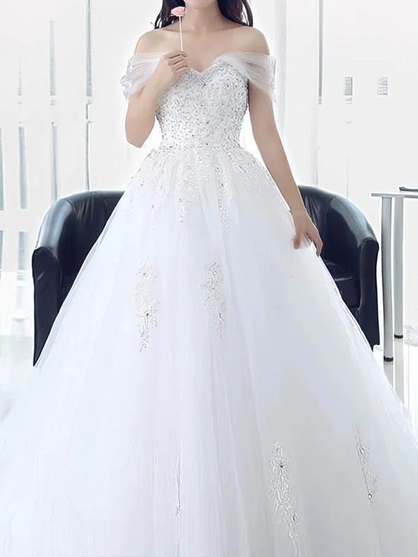 Ball Gown/Princess Off-the-shoulder Tulle Sweep Train Wedding Dresses With Beading #Milly00022673